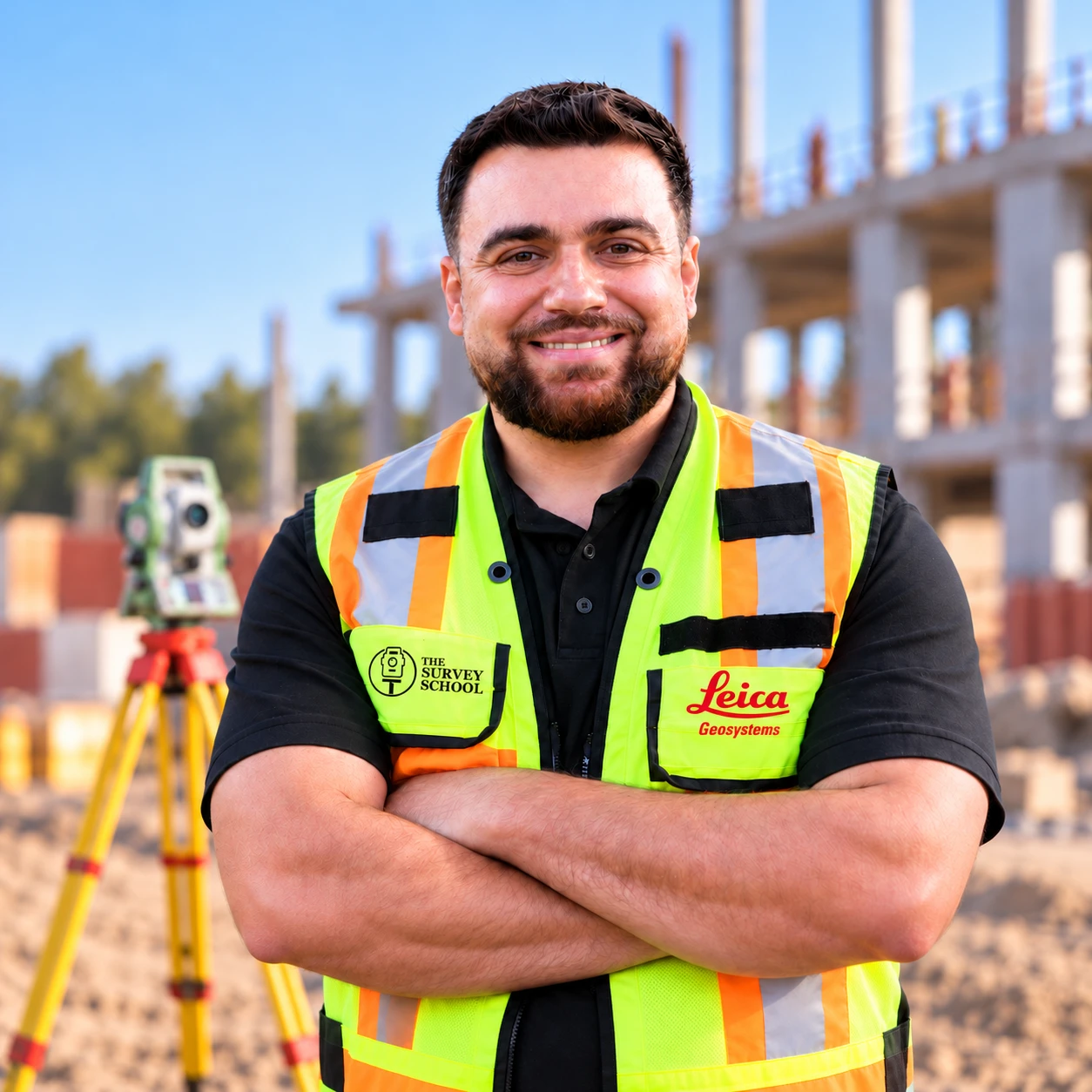Rami Tamimi, PS, in a hi-vis vest on a job site, with a total station on a tripod behind him
